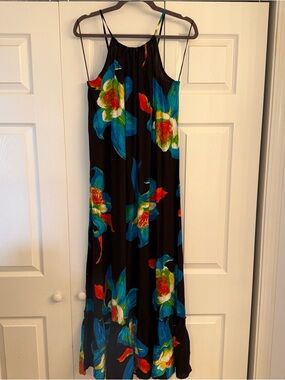 Easel Black Maxi Dress with Bold Blue & Red Floral Print